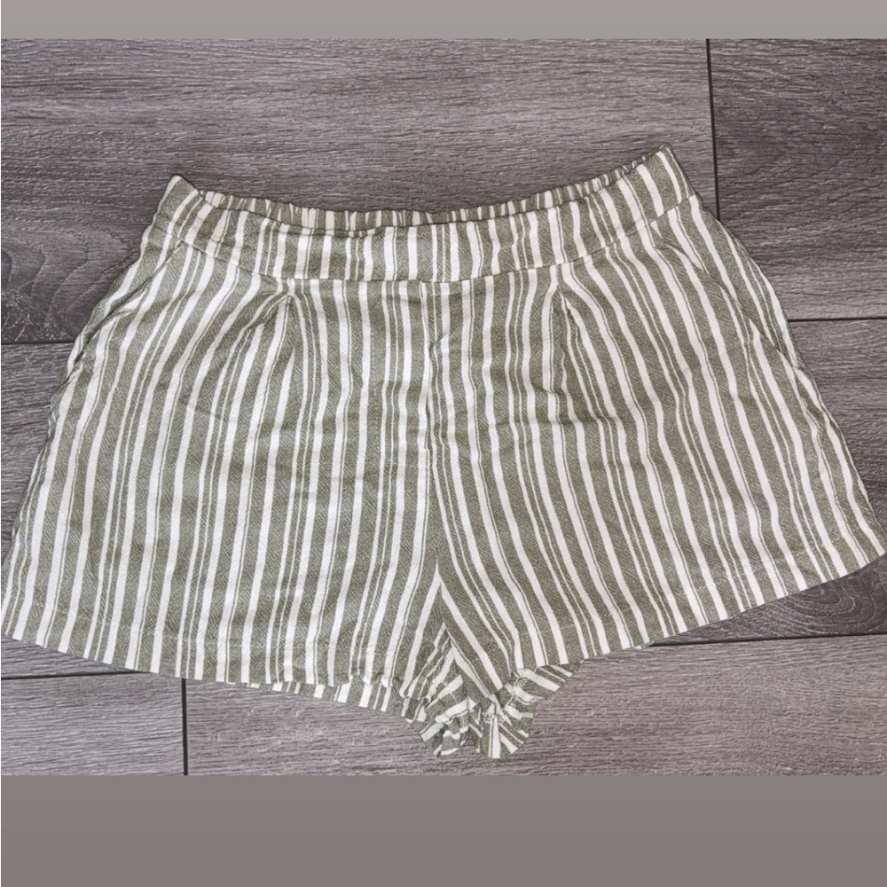 Altard State Size Large Linen Blend Shorts Striped Olive Green & Cream Paperbag